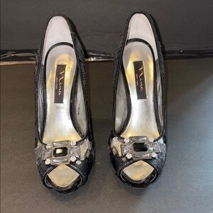 Nina Black Peep Toe Heels with Bow Detail